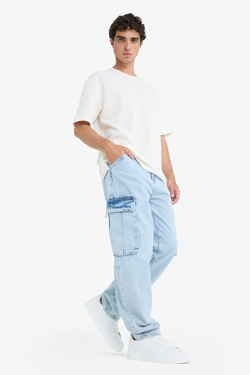 %100 Pamuk Relax Fit Rahat Kesim Geni_ Pa_a Kargo Cepli Jean Pantolon - Defacto фото 3