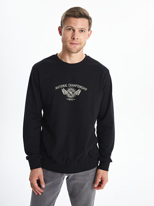 Bisiklet Yaka Bask?l? Erkek Kal?n Sweatshirt