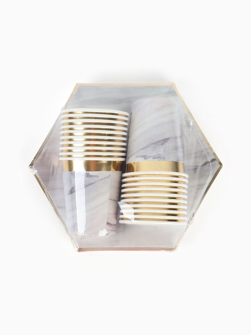 Посуда одноразовая бумажная на 20 персон, 40 предметов, мрамор белый