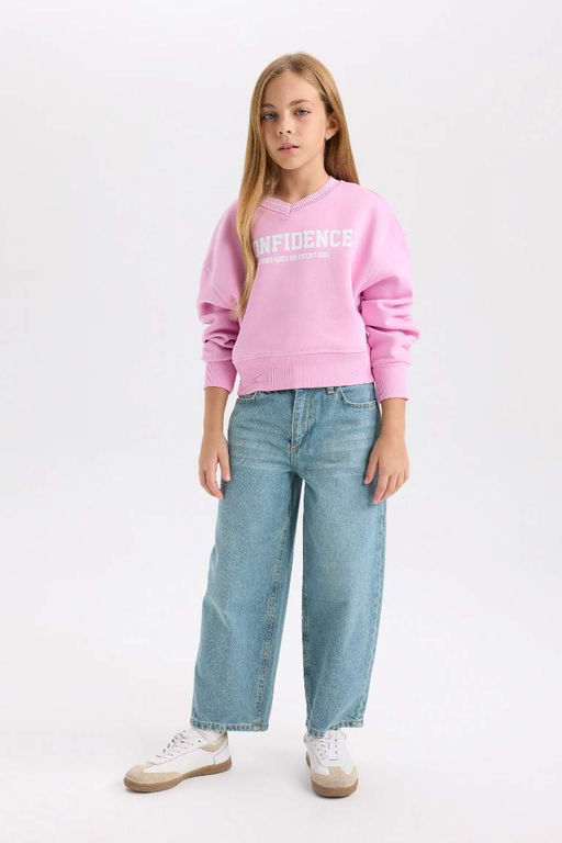 Толстовка из плотной ткани с v-образным вырезом и принтом из мягкой нечеткой ткани с низкими рукавами для девочек - Defacto фото 2