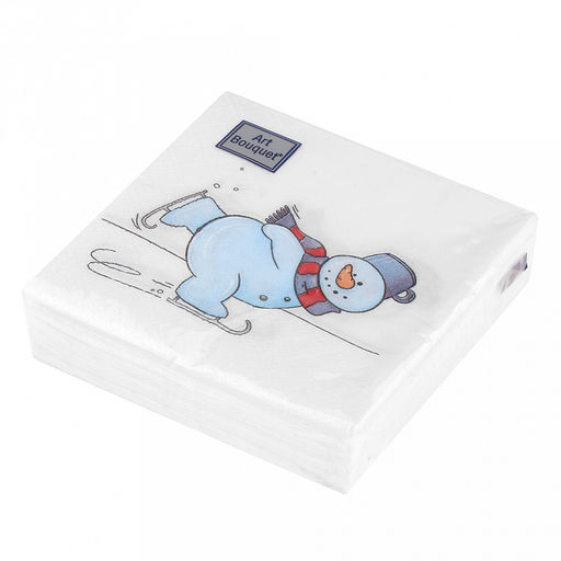 Салфетки бумажные Art Bouquet 20х20см, 2-х слойные, 30 штук в упаковке, 100% целлюлоза, Снеговик на коньках (Россия)  фото 3