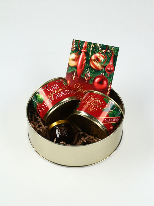 Подарочный набор новогодний С Новым 2026 годом в железной банке: чай, монпансье, варенье, открытка