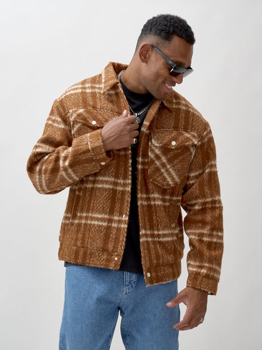 Куртка рубашка шерстяная в клетку мужская демисезонная горчичного цвета 58596G