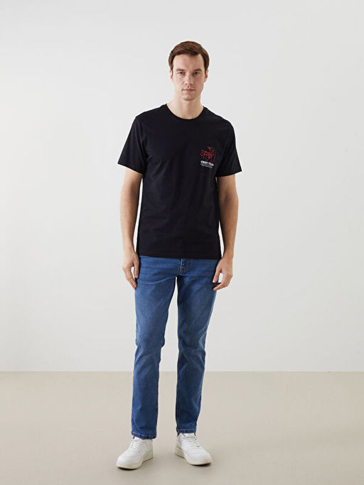 Bisiklet Yaka K?sa Kollu Bask?l? Penye Erkek Ti??rt