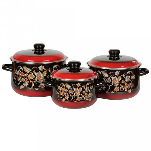 "Драгоценная" Набор эмалированных кастрюль 3 предмета: 2л - д17см, h9см, 4л - д22см, h10см, 5,5л - д26см, h15см, коническая форма, металлическая крышка, черно-красный (Россия)