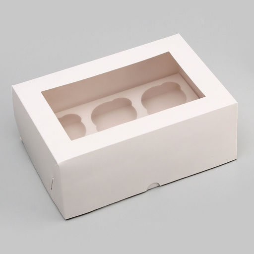 Цена за 3 шт. Коробка для 6 капкейков с окном, белая, 25×17×10 см