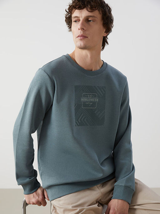 Bisiklet Yaka Bask?l? Erkek Kal?n Sweatshirt