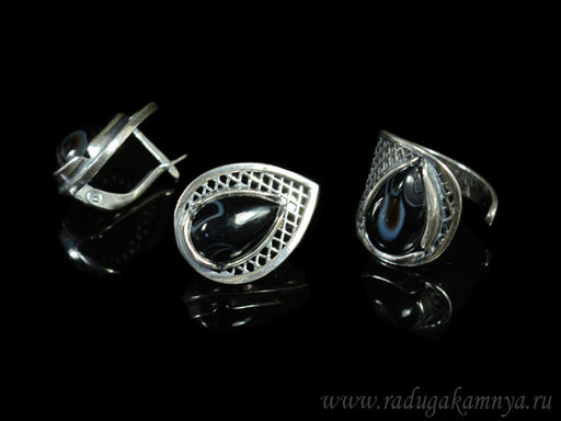 Кольцо Серьги с агатом.