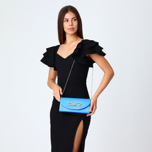 Сумка-клатч женская вечерняя на магните, на длинной цепочке, с декоративным бантом, синяя