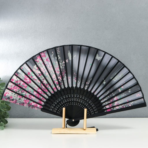Веер складной h=21 см Цветы и бабочки, чёрный, с кисточкой