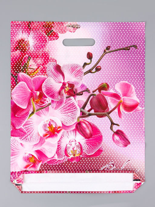 Цена за 25 шт. Пакет подарочный Орхидея розовая, полиэтиленовый с вырубной ручкой, 38?47 см