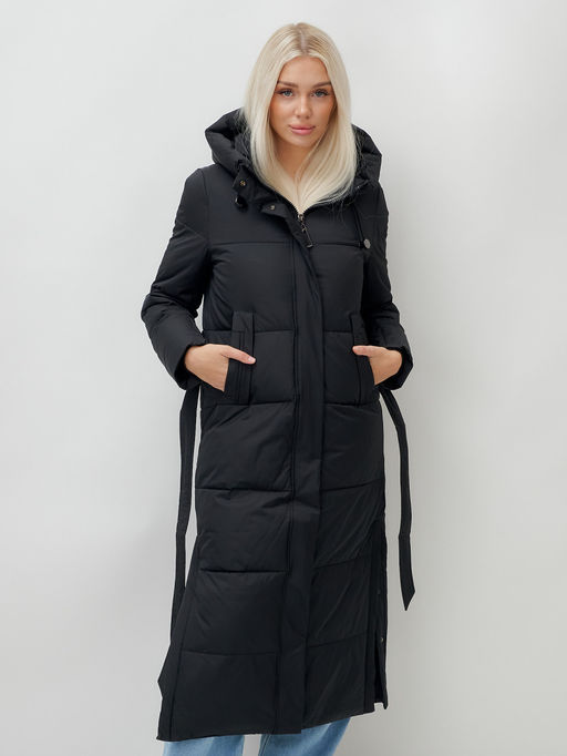Пальто утепленное стеганное зимнее с капюшоном женское черного цвета 9605Ch - Mtforce фото 13