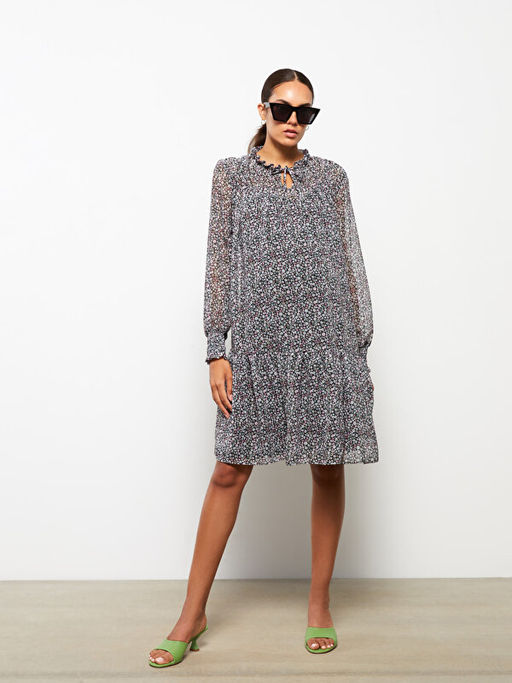 Ba?lamal? Yaka ?i?ekli Uzun Kollu Hamile Elbise