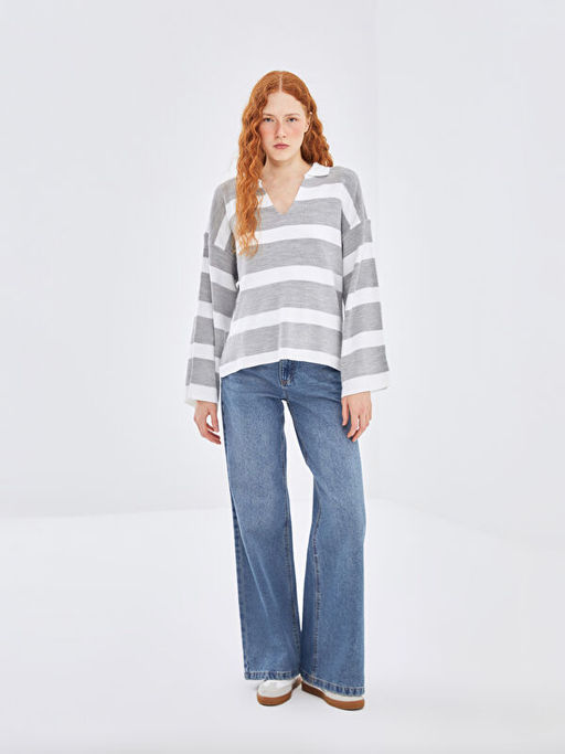 Polo Yaka ?izgili Oversize Kad?n Triko Kazak