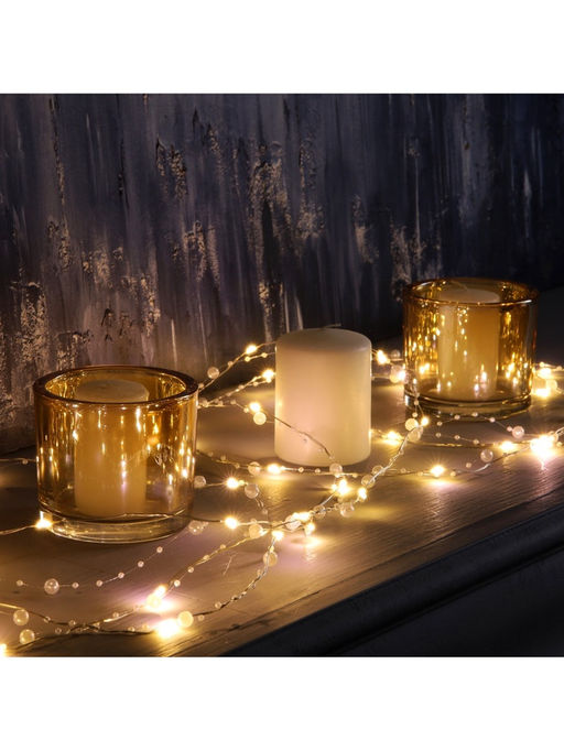 Гирлянда «Нить» 5 м роса с насадками «Перламутр», IP20, нить серебристая, 50 LED, батарейки AAx2 (не в комплекте), 2 режима, свечение тёплое белое