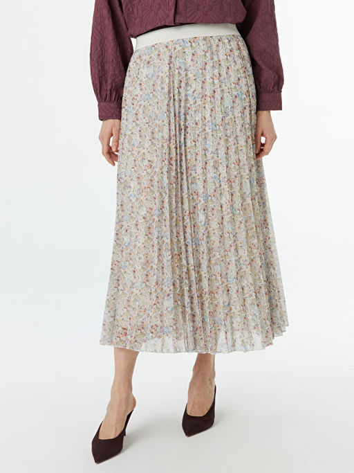 Beli Lastikli ?i?ekli Kad?n Pileli Etek