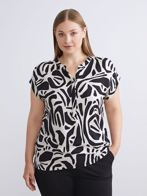 Ka??k Yaka Desenli Keten Kar???ml? Bluz