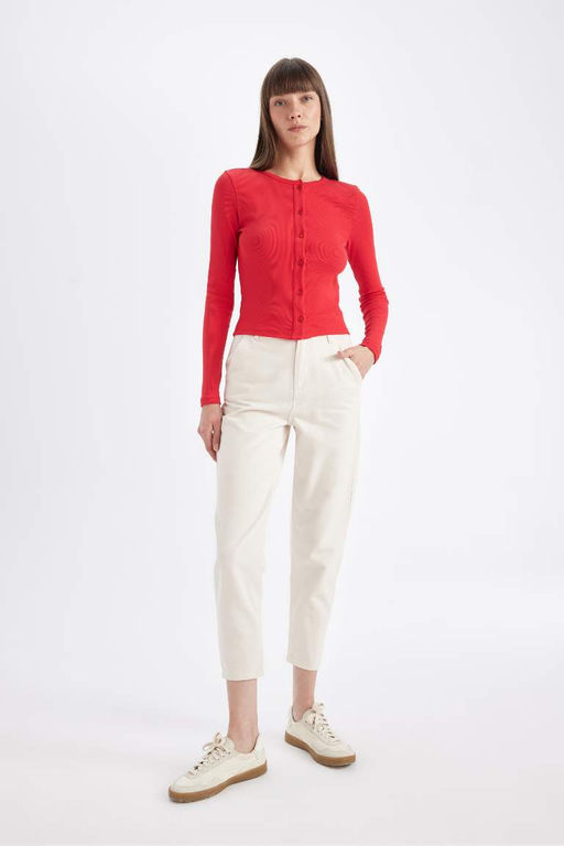 Кардиган узкого кроя с круглым вырезом в рубчик и камзолом - Defacto фото 2