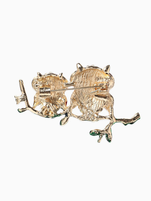 Брошь «Совы» на ветке, цветная в золоте