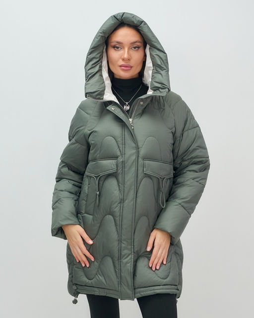 Куртка зимняя женская с капюшоном модная цвета хаки 7653Kh