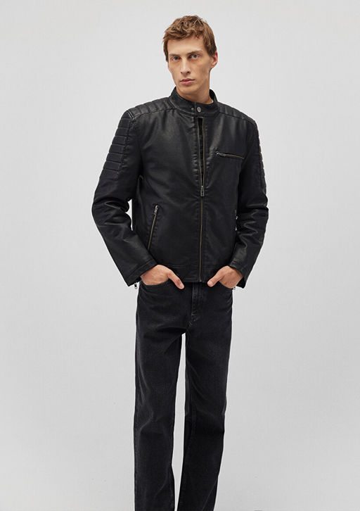 Siyah Suni Deri Ceket - Mavi фото 2