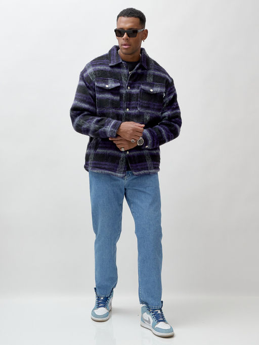 Куртка рубашка шерстяная в клетку мужская демисезонная темно-фиолетового цвета 58569TF