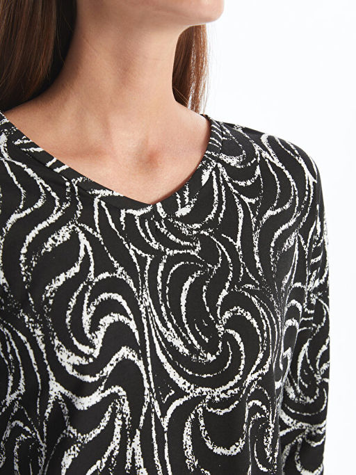 V Yaka Desenli Uzun Kollu Kad?n Bluz