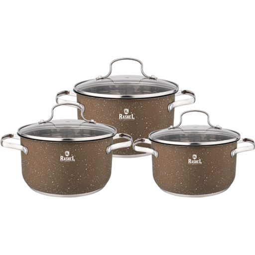 Набор кастрюль 6 пр. из нерж. стали со стекл. кр. (2,6л, 3,6л, 4,7л)цвет: коричневый гранит R-20304z /RASHEL/