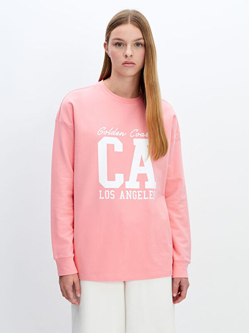 Bisiklet Yaka Bask?l? Oversize Kad?n Sweatshirt Tunik