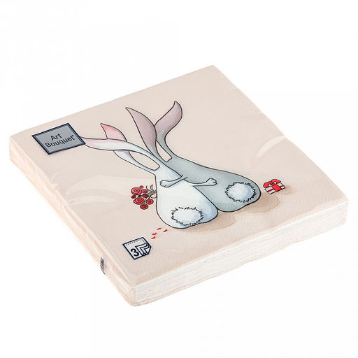 Салфетки бумажные Art Bouquet 33х33см, 3-х слойные, 20 штук в упаковке, 100% целлюлоза, Влюбленные зайцы (Россия)  фото 5