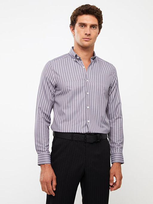 Slim Fit Uzun Kollu ?izgili Gabardin Erkek G?mlek