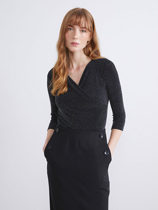 Kruvaze Yaka Parlak G?r?n?ml? Bluz