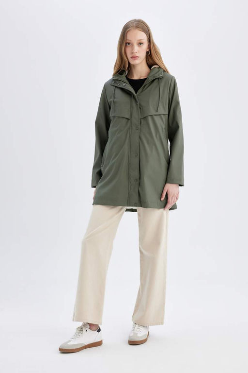 Водонепроницаемый дождевик из искусственной кожи с капюшоном и подкладкой из искусственного меха стандартной посадки - Defacto фото 2