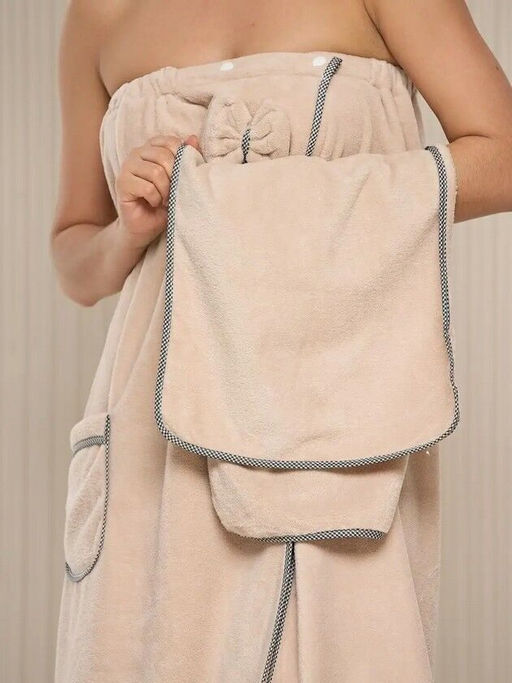 Комплект женский для бани и сауны Бьюти-БЕЖЕВЫЙ микрофибра 3 пр. (парео + чалма+полотенце) - Лен поволжья фото 3