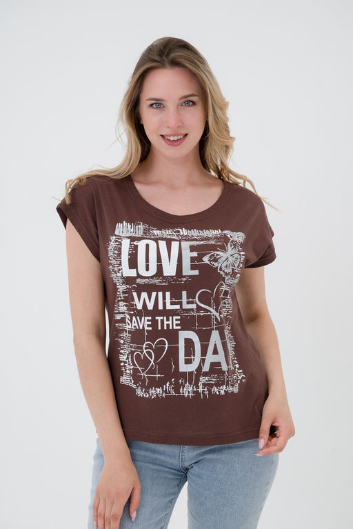 Футболка женская со спущенным плечом из кулирки Лира шоколад с принтом Love - Амадэль фото 5