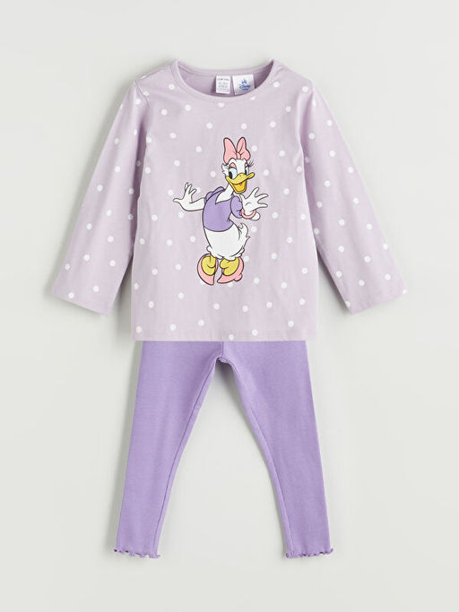 Bisiklet Yaka Uzun Kollu Daisy Duck Bask?l? K?z Bebek Sweatshirt ve Tayt 2li