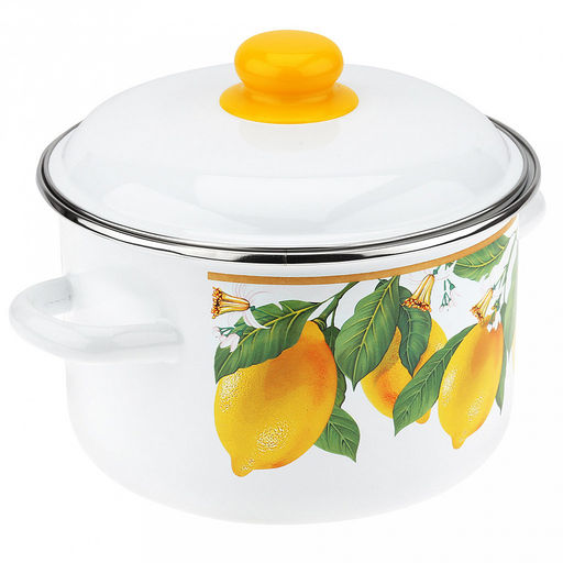 "Цитрон" Кастрюля эмалированная 4л, д22см, h13см, цилиндрическая форма, металлическая крышка, ободок из нержавеющей стали, белый (Россия)