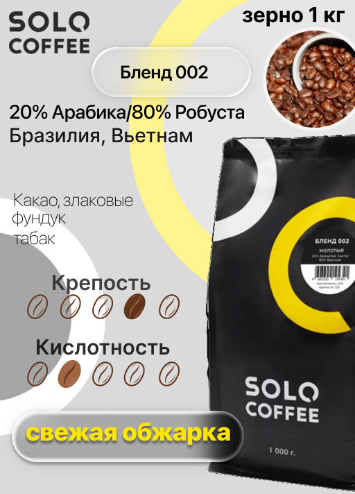 Кофе в зернах Solo Coffee Бленд 002 (20% Арабика/80% Робуста)Бразилия, Вьетнам, свежеобжаренный  фото 4