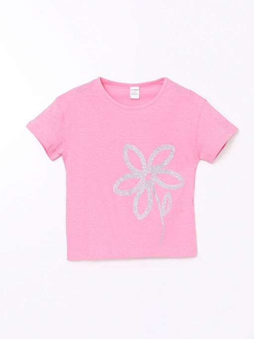 Bisiklet Yaka ?i?ekli Penye K?z ?ocuk Ti??rt