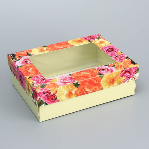 Цена за 2 шт. Коробка складная, крышка-дно, «Цветочки», 16.5×12.5×5.2 см с окном
