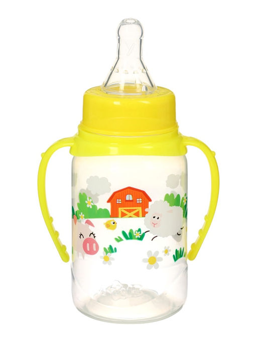 Бутылочка для кормления M&B «Весёлая ферма», классическое горло, с ручками, от 0 мес., 150 мл., жёлтый