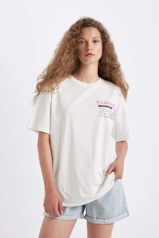 Тупак Шакур Oversize-футболка с широким кроем и круглым вырезом на спине с короткими рукавами и принтом - Defacto фото 5
