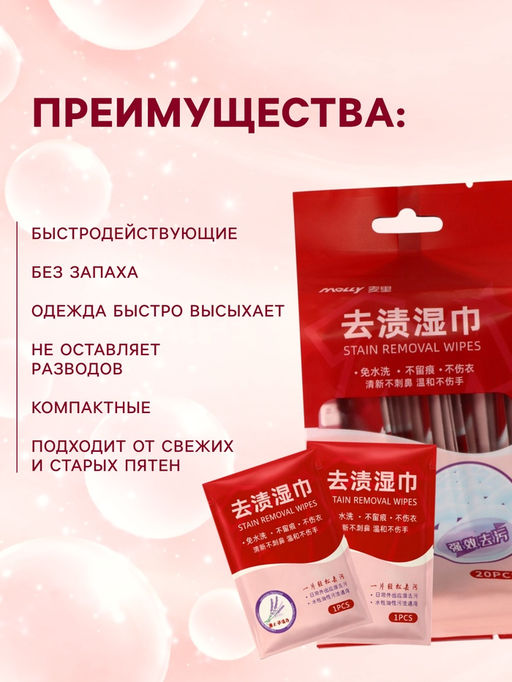 Цена за 2 шт. Салфетки от пятен на одежде, в индивидуальной упаковке, 20 шт.