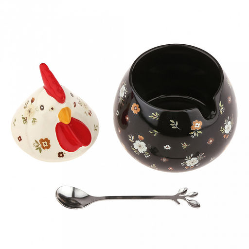 Банка для специй фарфоровая Петушок 460мл, д8-10,5см, h8,2см, с выемкой для ложки, общая h14,7см, металлическая ложка Веточка 12,3см, черный/бежевый с цветочками (Китай) - Домашняя мода фото 3