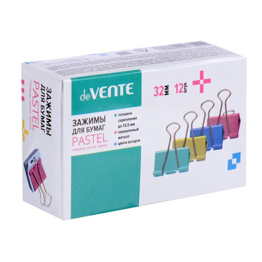 Зажимы для бумаг 32 мм, 12 штук, deVENTE, металлические, МИКС х 4 цвета, картонная коробка
