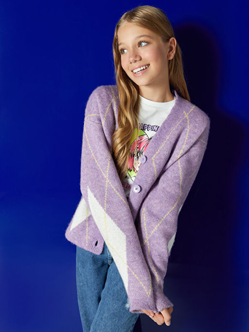 V Yaka Desenli Uzun Kollu K?z ?ocuk Triko H?rka