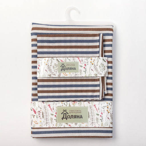 Скатерть Доляна 145х145см, Полоска цвет сине-коричневый, 100% п/э, рогожка, 200 гр/м  фото 2
