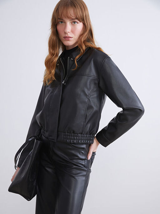 G?mlek Yaka Kad?n Deri G?r?n?ml? Ceket