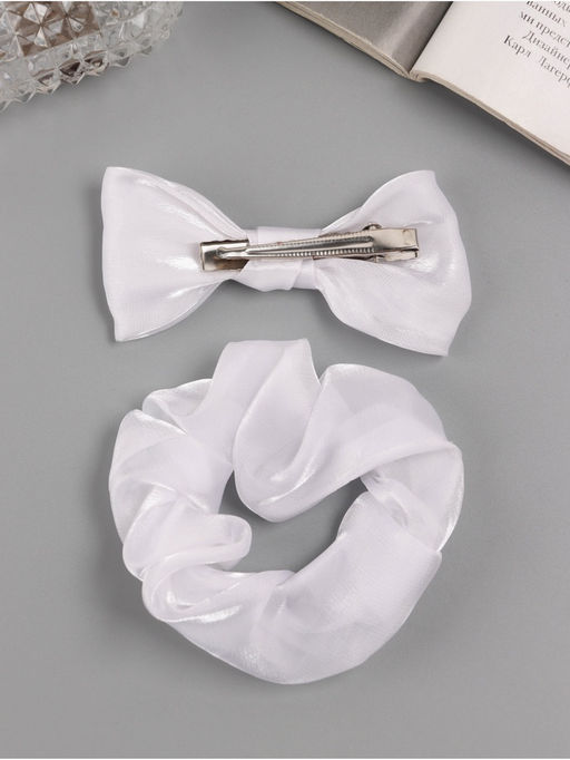 Цена за 6 шт. Набор для волос «Школьница», резинка 10 см, зажим 8 см, классик, белый