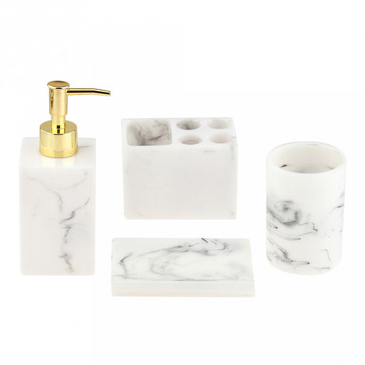 Набор для ванной "Камея" 4 предмета: дозатор для мыла 300мл; мыльница 12,4х8,5х1,8см; стакан для зубных щеток и зубной пасты; стакан 270мл; фурнитура пластик "под золото", акрил, бело-серый, в коробке (Китай)